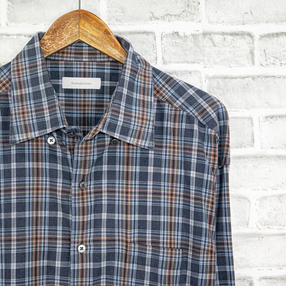 Ermenegildo Zegna Men's 2XB Button up Shirt Blue Plaid Cotton - Picture 1 of 7